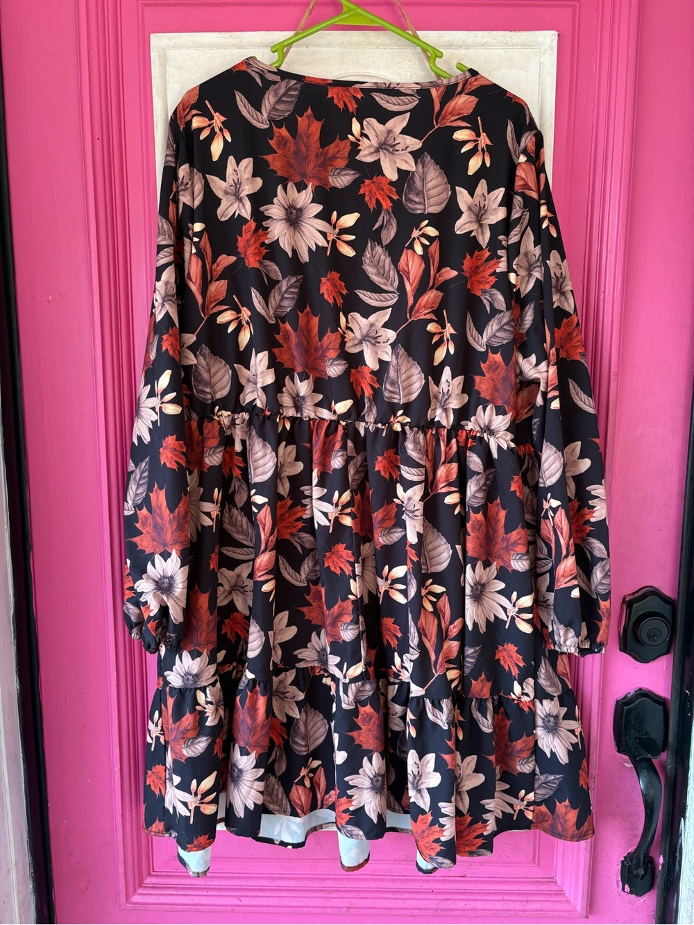 FALL print Black Floral V-Neck Tiered Long Sleeve Dress - Picture 7 of 9